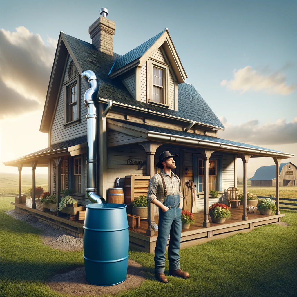 AI generated image of a farmer in front of his house with a blue 55 gallon barrel for a rainwater collection system.